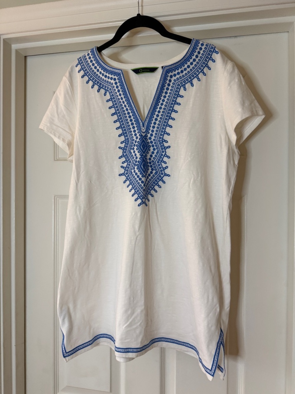 Blue Embroidered V-Neck Cotton Tunic Top - Women
